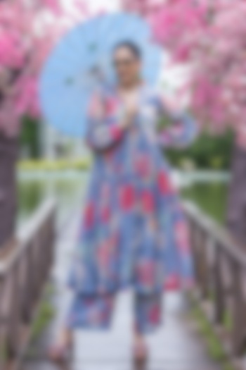 Indigo Blue Malai Chanderi Floral Printed Kurta Set by Creole at Pernia's Pop Up Shop