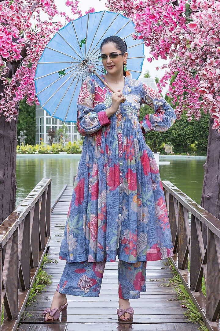 Indigo Blue Malai Chanderi Floral Printed Kurta Set by Creole at Pernia's Pop Up Shop