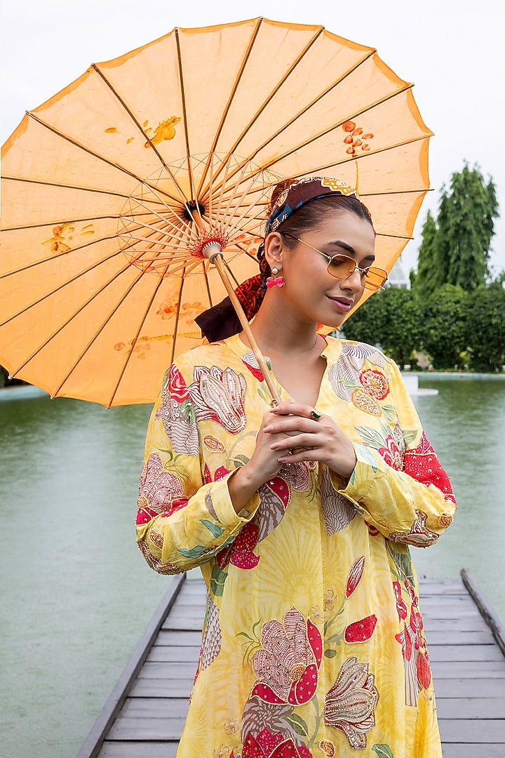 Bright Yellow Natural Crepe Floral Printed Kurta Set by Creole at Pernia's Pop Up Shop