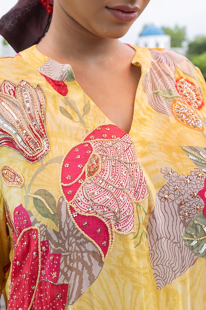 Bright Yellow Natural Crepe Floral Printed Kurta Set by Creole at Pernia's Pop Up Shop
