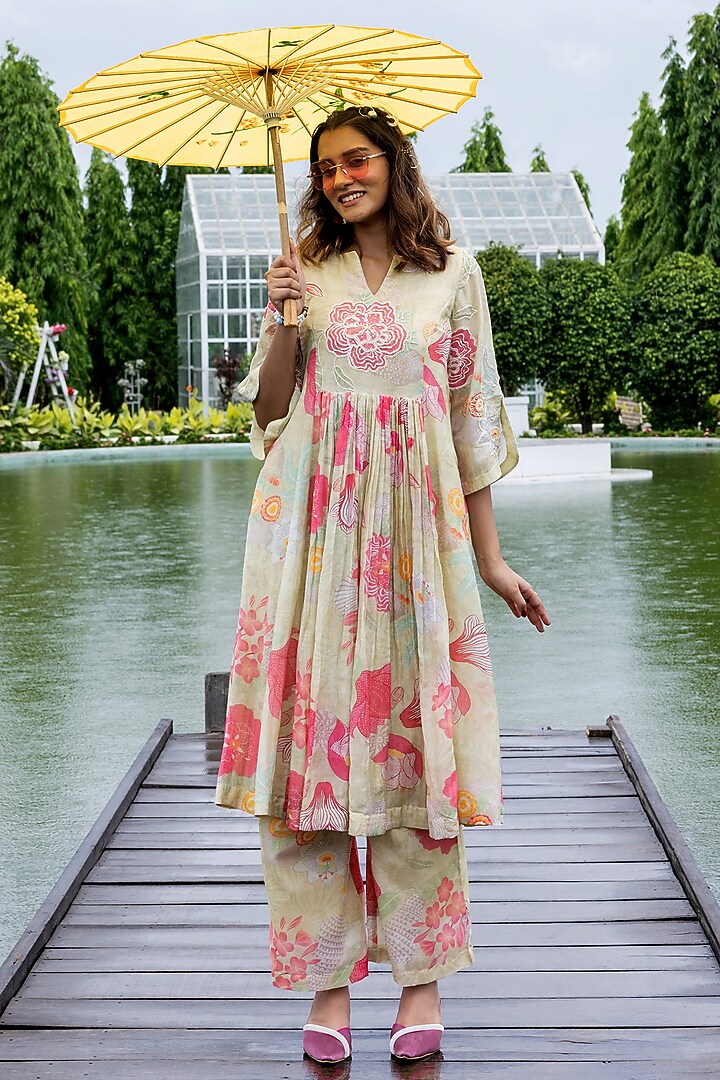 Pista Green Malai Chanderi Floral Printed Kurta Set by Creole at Pernia's Pop Up Shop