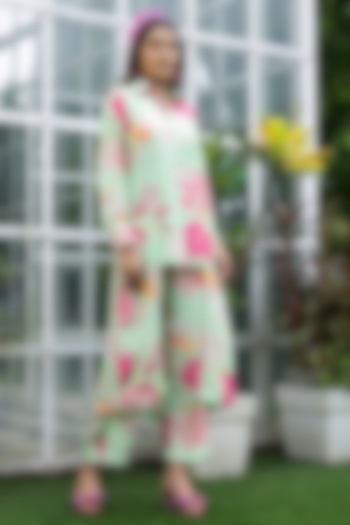 Mint Green Natural Crepe Floral Printed Co-Ord Set by Creole at Pernia's Pop Up Shop