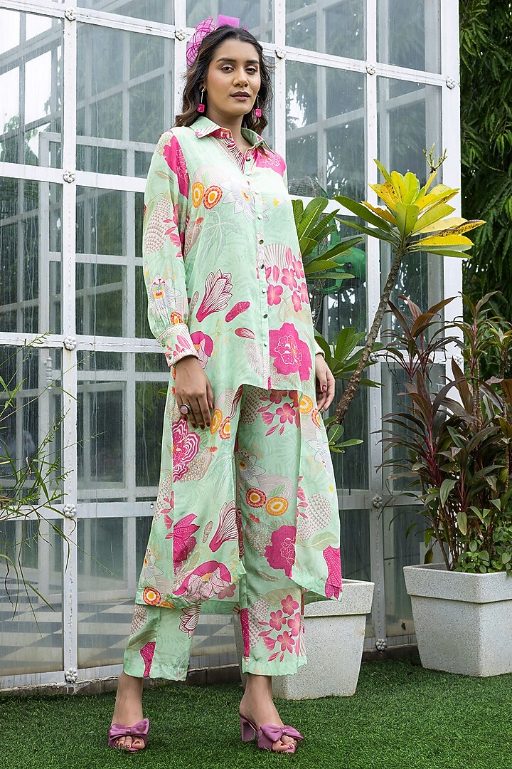 Mint Green Natural Crepe Floral Printed Co-Ord Set by Creole at Pernia's Pop Up Shop