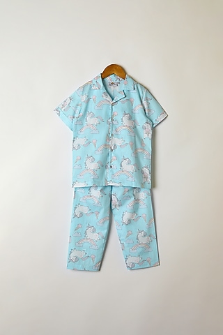 Blue Unicorn Printed Shirt & Pants by Caramel Coves