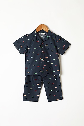 Navy Blue Cars Printed Shirt & Pants by Caramel Coves