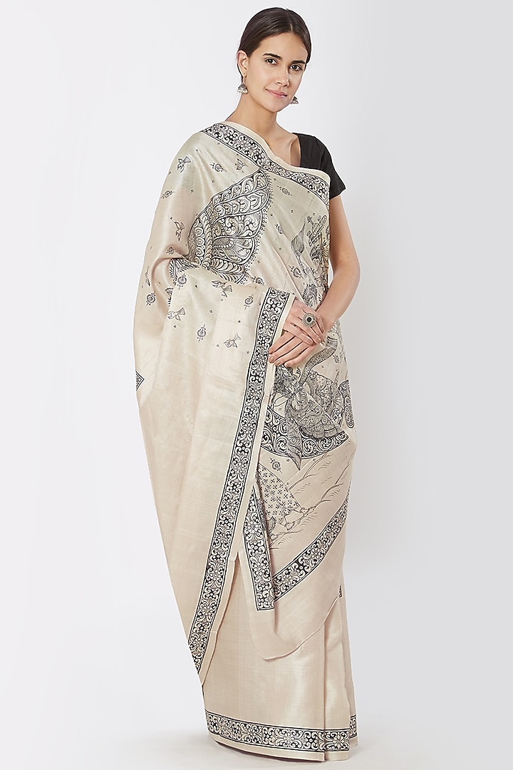 Beige Pattachitra Hand Painted Saree by Crafts Collection