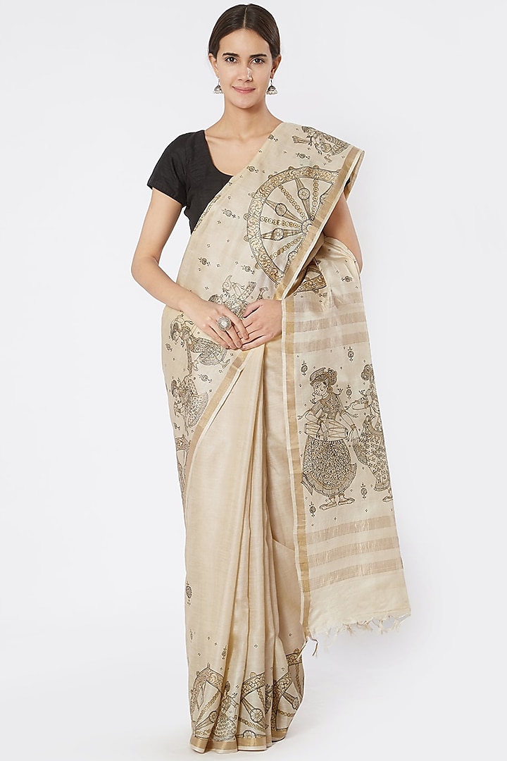 Beige Hand Painted Saree by Crafts Collection