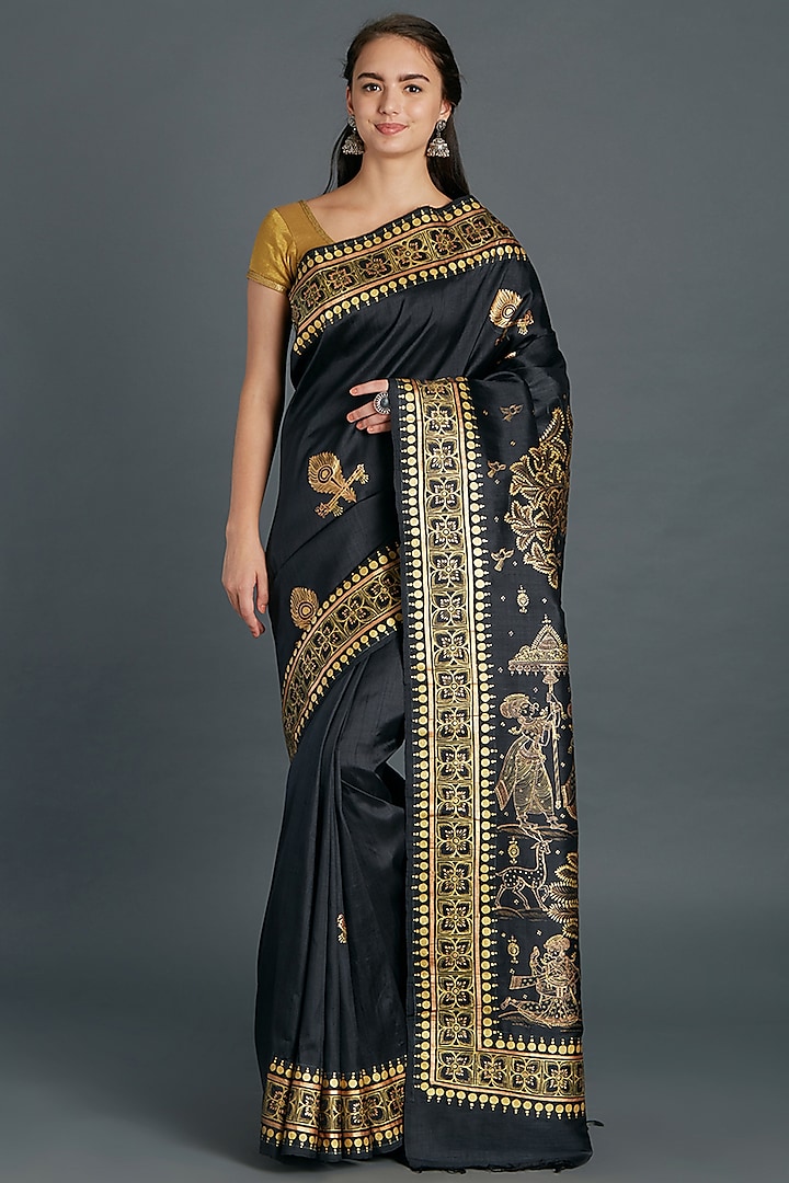 Black Pattachitra Hand Painted Saree by Crafts Collection