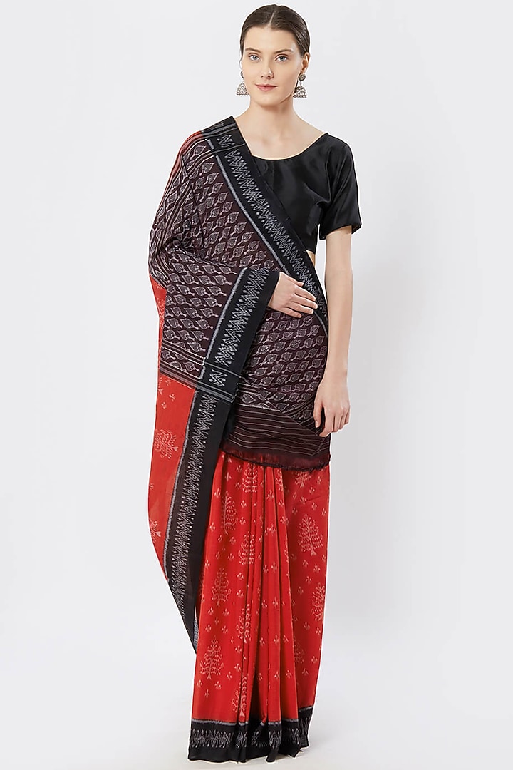 Red & Black Ikat Printed Festive Saree by Crafts Collection at Pernia's Pop Up Shop