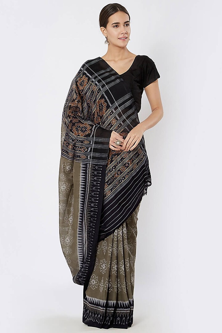 Grey & Black Sambalpuri Pala Ikat Printed Saree by Crafts Collection at Pernia's Pop Up Shop