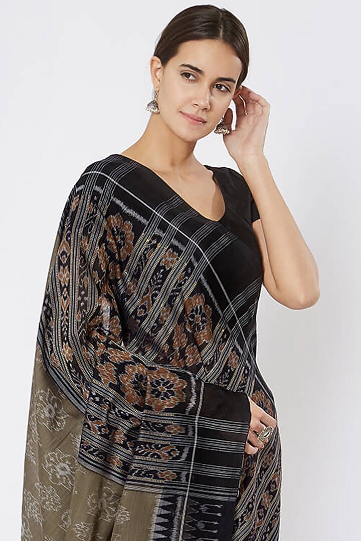 Grey & Black Sambalpuri Pala Ikat Printed Festive Saree by Crafts Collection at Pernia's Pop Up Shop