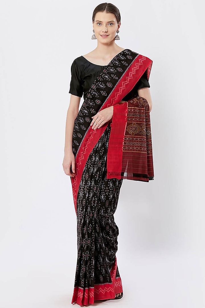Black & Red Cotton Ikat Printed Saree by Crafts Collection