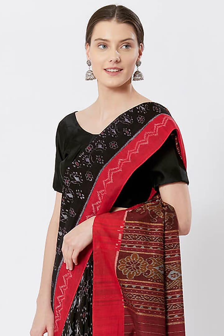 Black & Red Cotton Ikat Printed Festive Saree by Crafts Collection at Pernia's Pop Up Shop