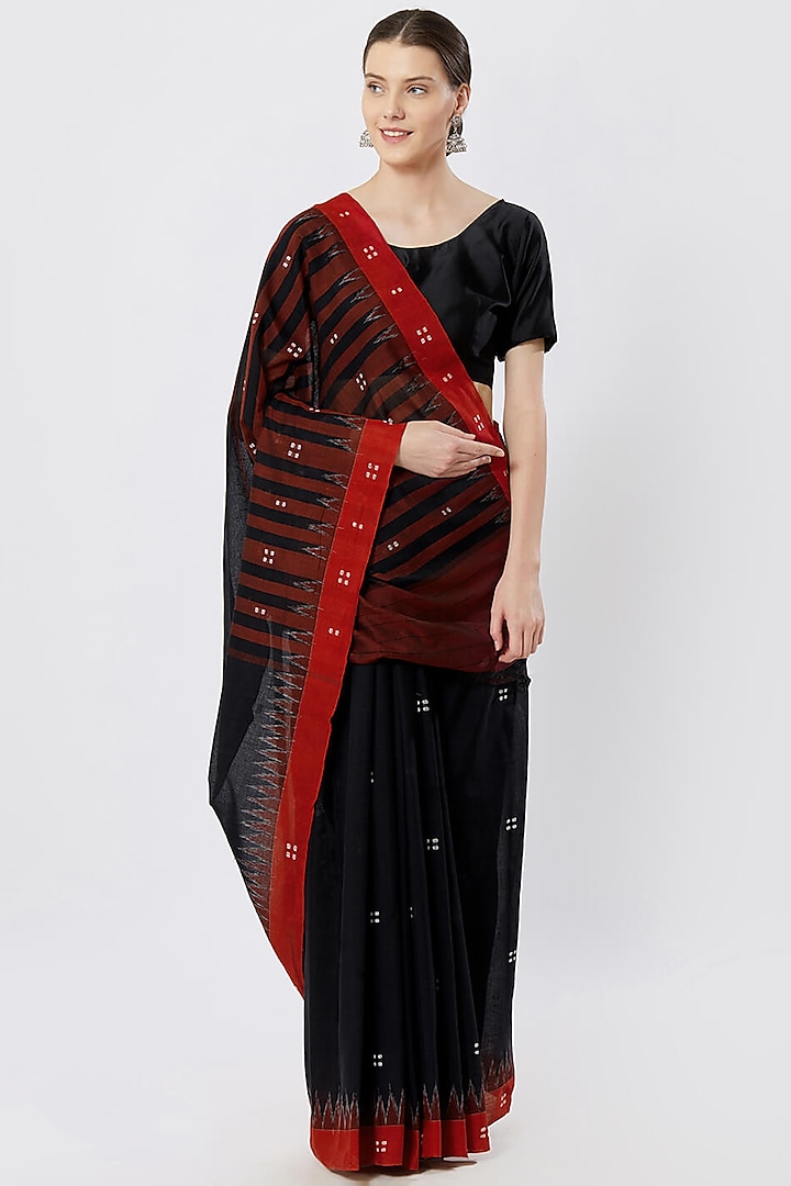 Black & Red Saree With Ikat Print by Crafts Collection