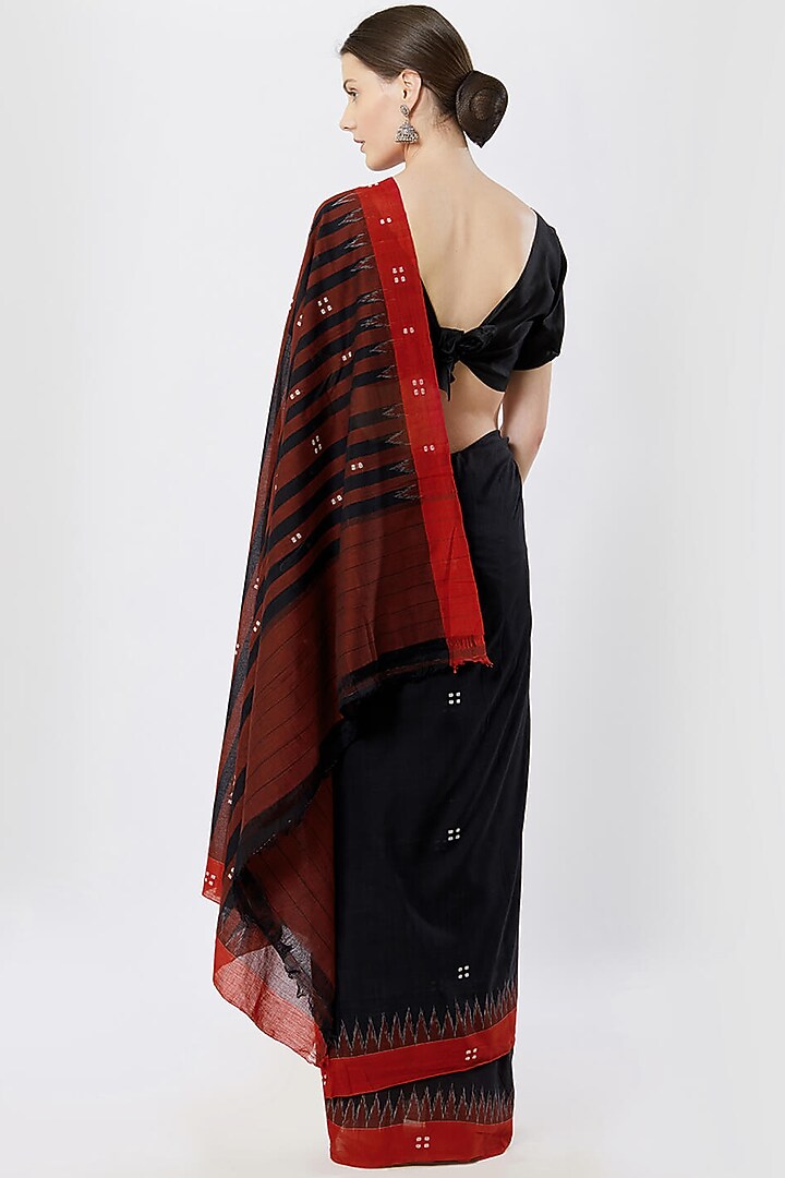 Black & Red Festive Saree With Ikat Print by Crafts Collection at Pernia's Pop Up Shop