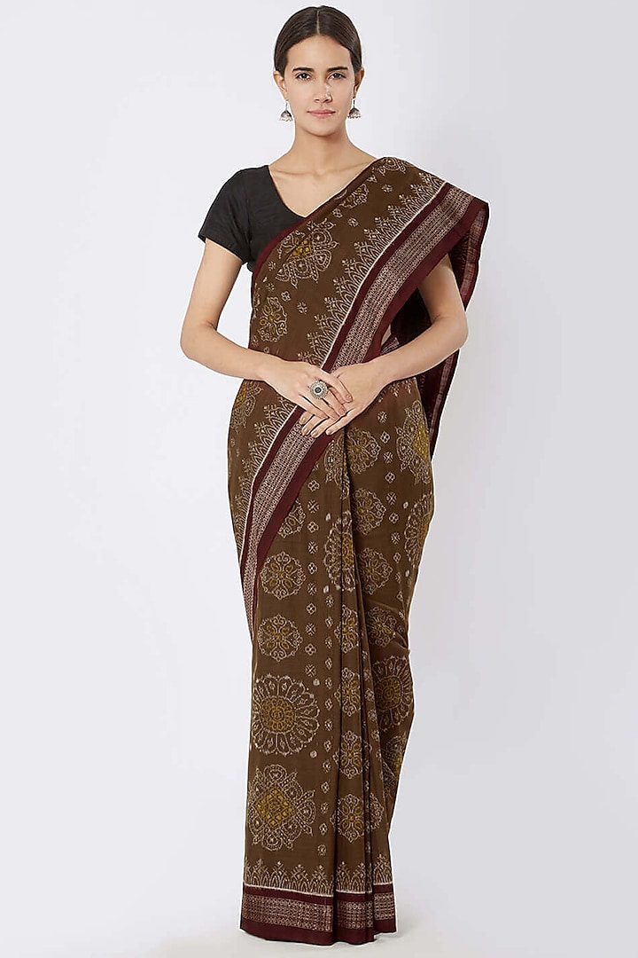 Brown & Maroon Ikat Printed Saree by Crafts Collection