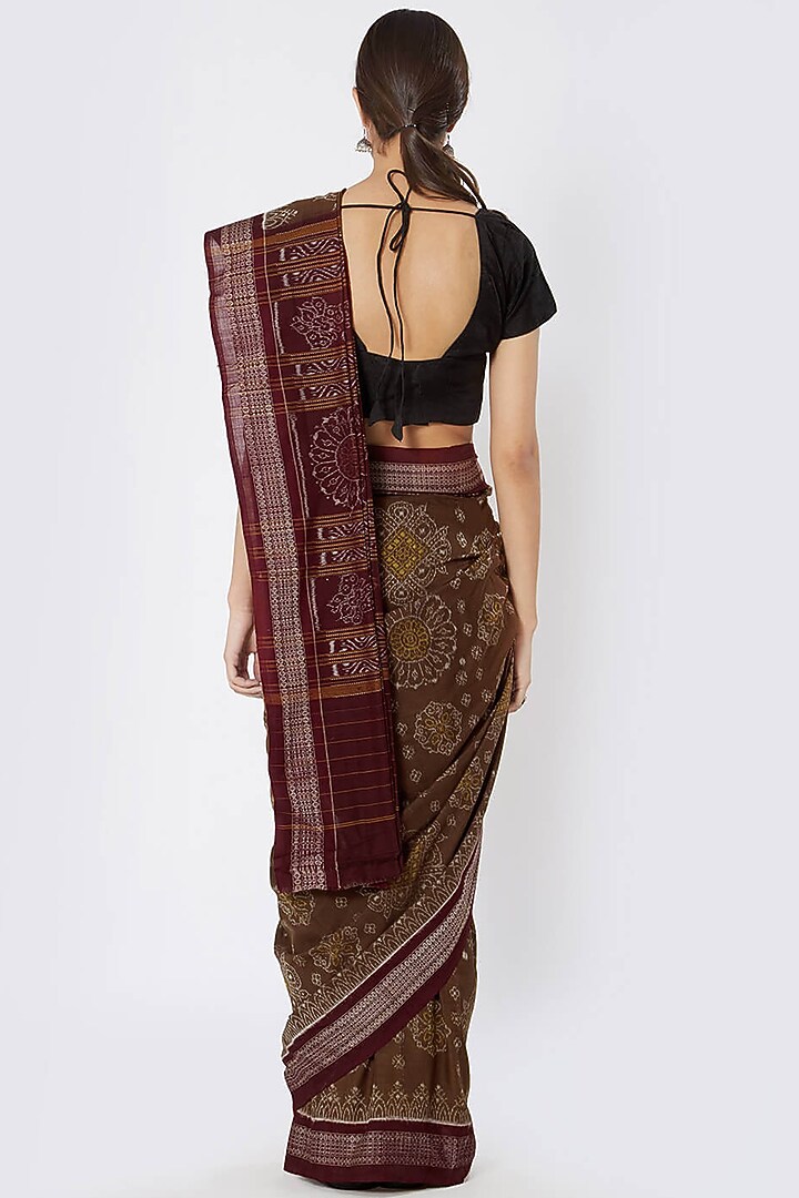 Brown & Maroon Ikat Printed Festive Saree by Crafts Collection at Pernia's Pop Up Shop