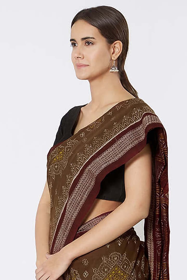 Brown & Maroon Ikat Printed Festive Saree by Crafts Collection at Pernia's Pop Up Shop