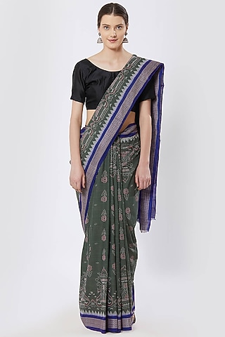 Green & Purple Ikat Printed Sambalpuri Pala Saree by Crafts Collection