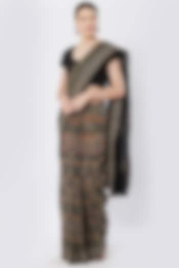 Olive Green Ikat Printed Handloom Saree by Crafts Collection