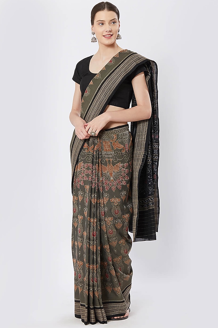 Olive Green Ikat Printed Handloom Saree by Crafts Collection