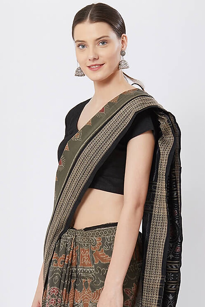 Olive Green Ikat Printed Handloom Festive Saree by Crafts Collection at Pernia's Pop Up Shop