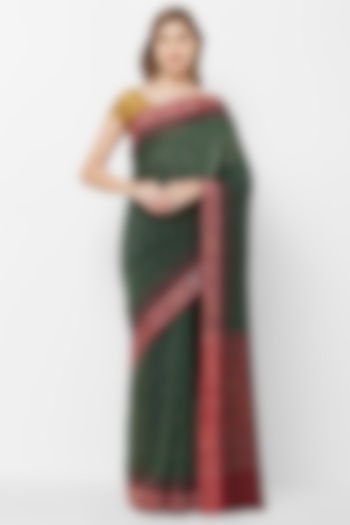 Green & Red Ikat Printed Handloom Saree by Crafts Collection