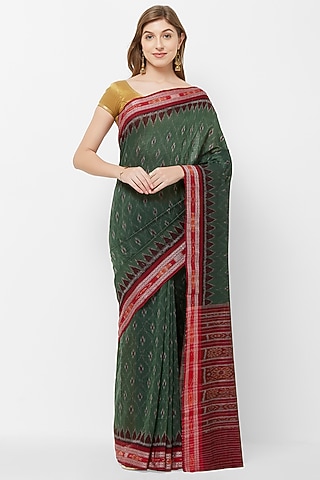 Green & Red Ikat Printed Handloom Saree by Crafts Collection