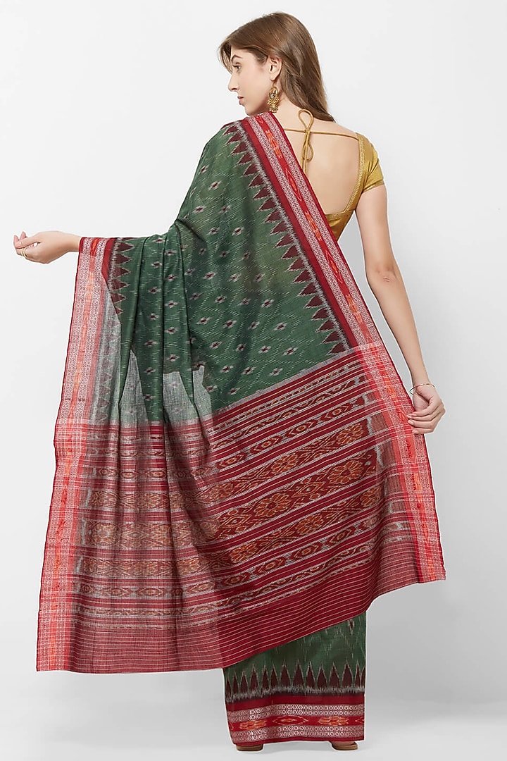 Green & Red Ikat Printed Handloom Festive Saree by Crafts Collection at Pernia's Pop Up Shop