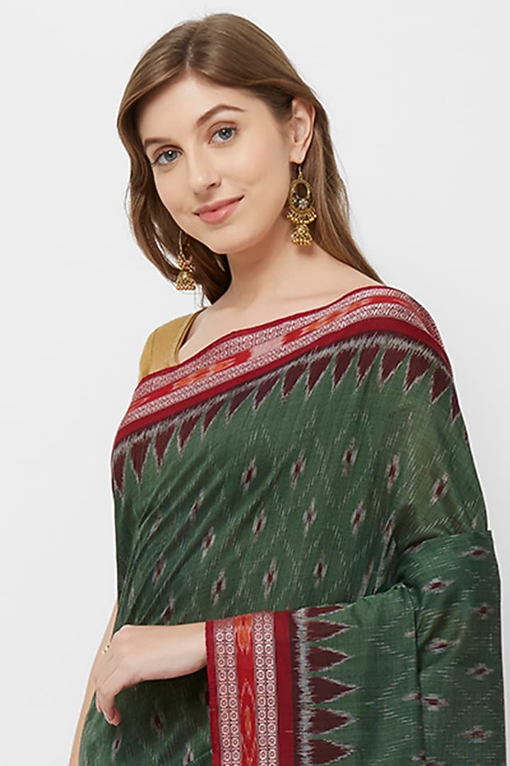 Green & Red Ikat Printed Handloom Festive Saree by Crafts Collection at Pernia's Pop Up Shop