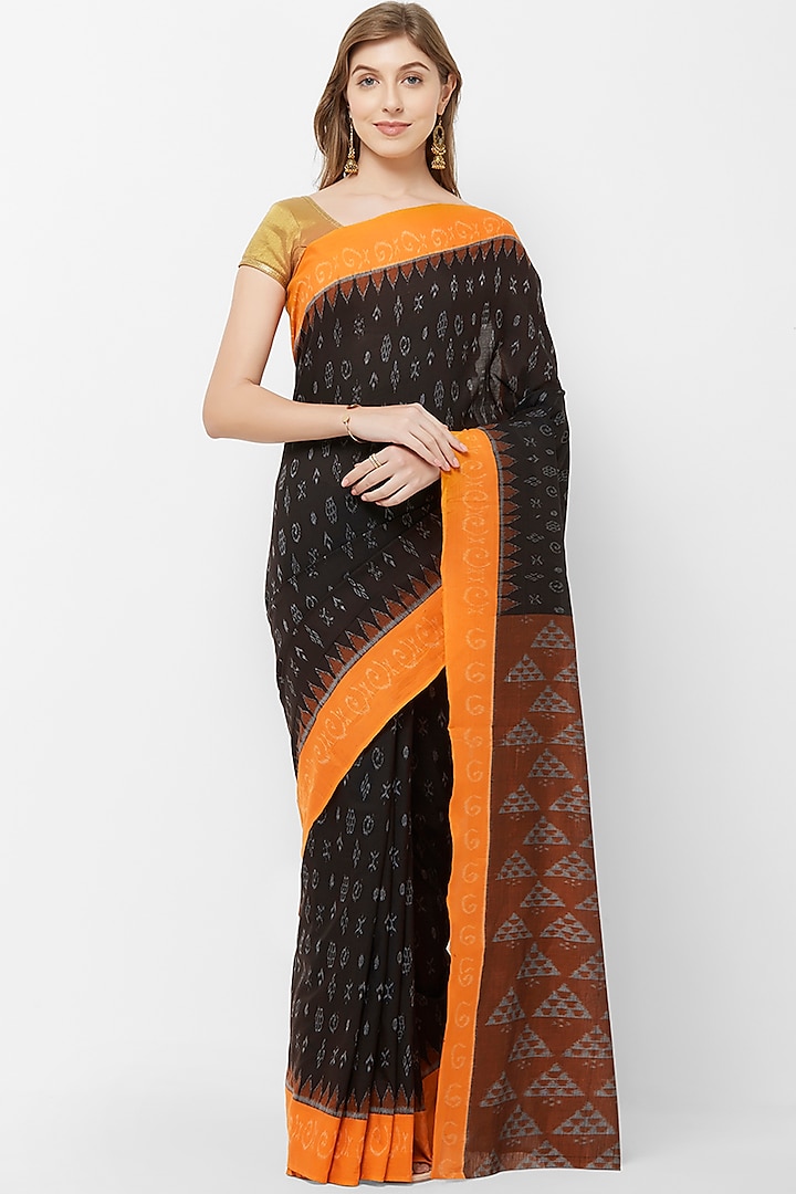 Black & Yellow Ikat Printed Handloom Saree by Crafts Collection