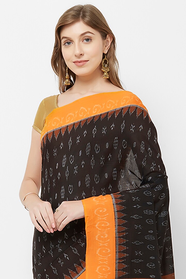 Black & Yellow Ikat Printed Handloom Festive Saree by Crafts Collection at Pernia's Pop Up Shop