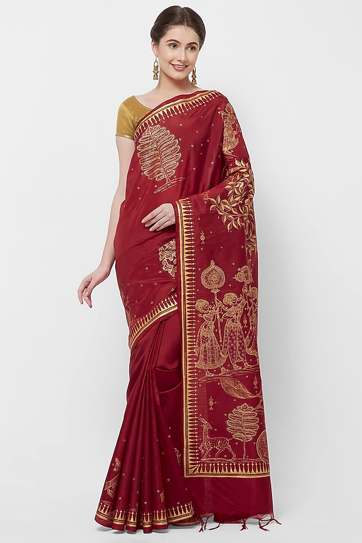 Red Hand Painted Patachitra Saree by Crafts Collection