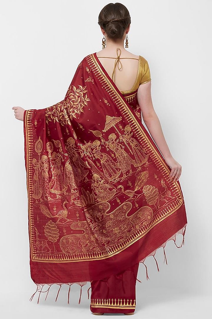 Red Hand Painted Patachitra Party Wear Saree by Crafts Collection at Pernia's Pop Up Shop
