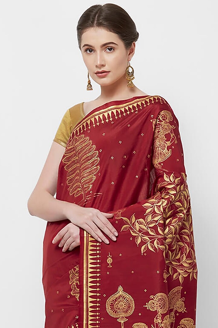 Red Hand Painted Patachitra Party Wear Saree by Crafts Collection at Pernia's Pop Up Shop