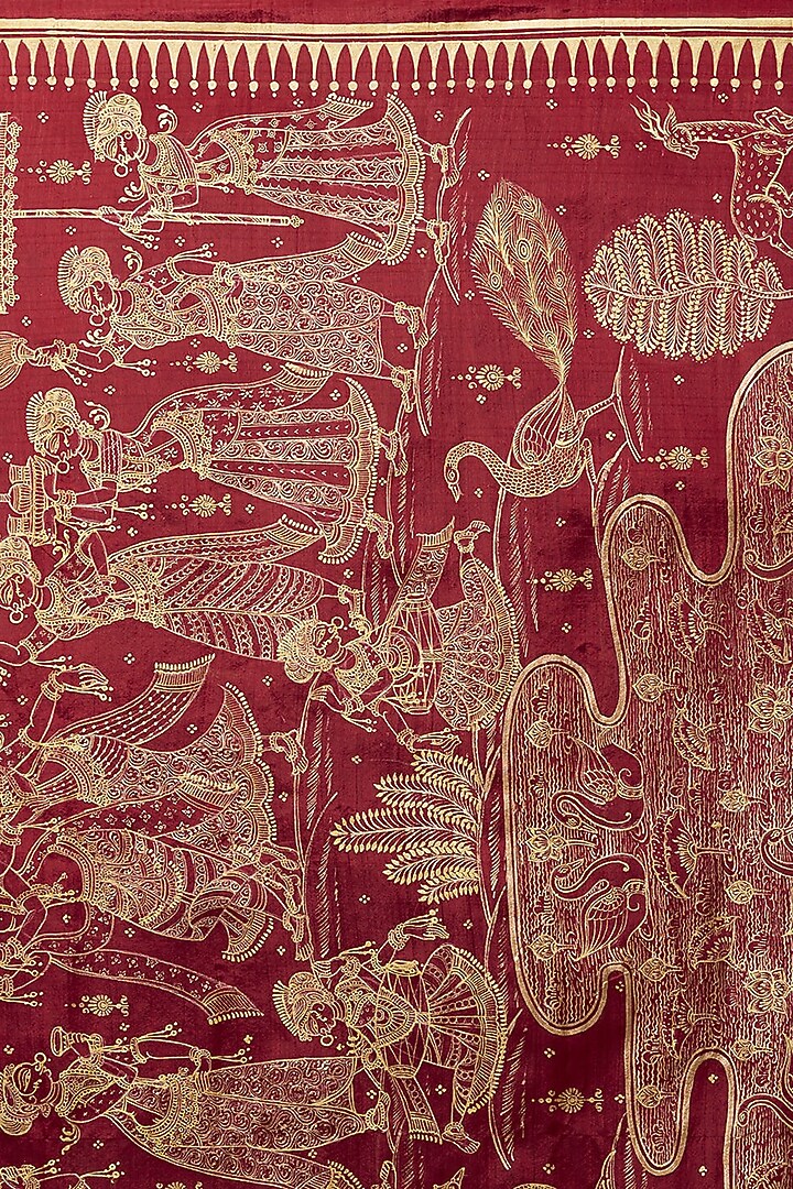 Red Hand Painted Patachitra Party Wear Saree by Crafts Collection at Pernia's Pop Up Shop