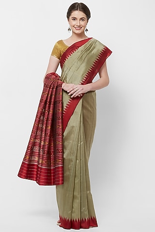 Olive Green Silk Handwoven Saree by Crafts Collection