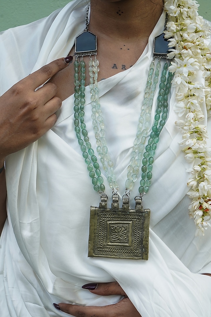 Two-Tone Finish Semi-Precious Stone & Glass Embellished Openable Kuchi Pendant Necklace by creyonsbymansi