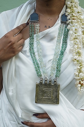 Two-Tone Finish Semi-Precious Stone & Glass Embellished Openable Kuchi Pendant Necklace by creyonsbymansi