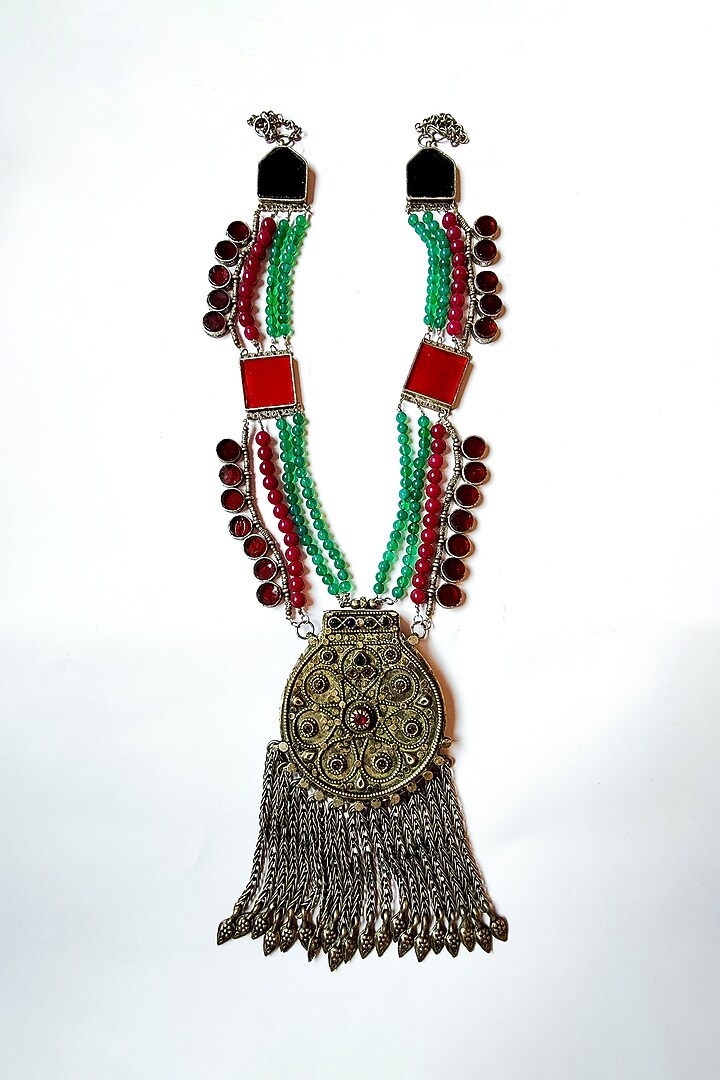 Two-Tone Finish Wine Glass work embellished & Green Onyx Kuchi Pendant Necklace by creyonsbymansi at Pernia's Pop Up Shop