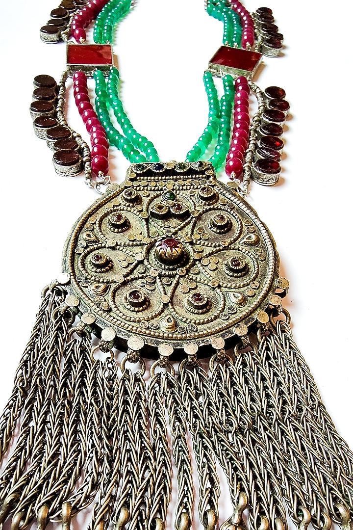 Two-Tone Finish Wine Glass work embellished & Green Onyx Kuchi Pendant Necklace by creyonsbymansi at Pernia's Pop Up Shop