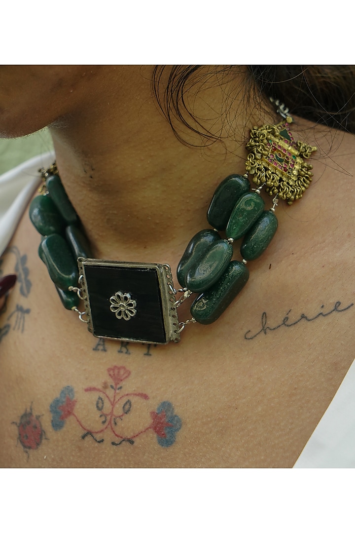 Two-Tone Finish Semi-Precious Stone & Green Aventurine Choker Necklace by creyonsbymansi
