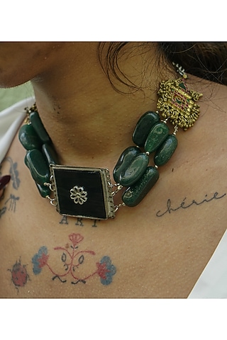 Two-Tone Finish Semi-Precious Stone & Green Aventurine Choker Necklace by creyonsbymansi