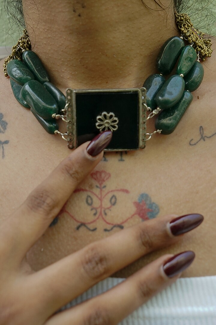 Two-Tone Finish Semi-Precious Stone & Green Aventurine Choker Necklace by creyonsbymansi at Pernia's Pop Up Shop