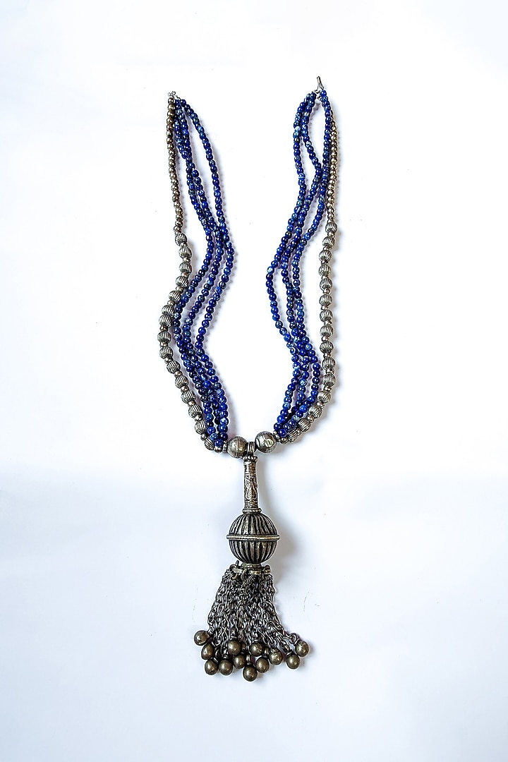 Two-Tone Finish Lapis Lazuli & Silver Ball Embellished Kuchi Pendant Necklace by creyonsbymansi at Pernia's Pop Up Shop