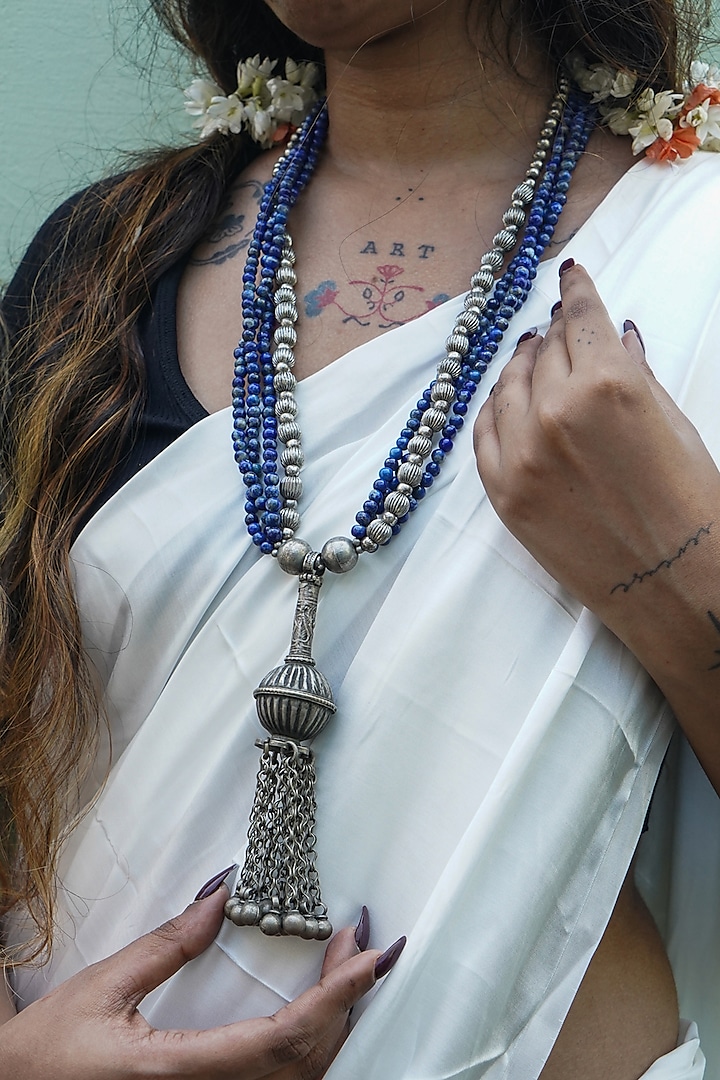 Two-Tone Finish Lapis Lazuli & Silver Ball Embellished Kuchi Pendant Necklace by creyonsbymansi