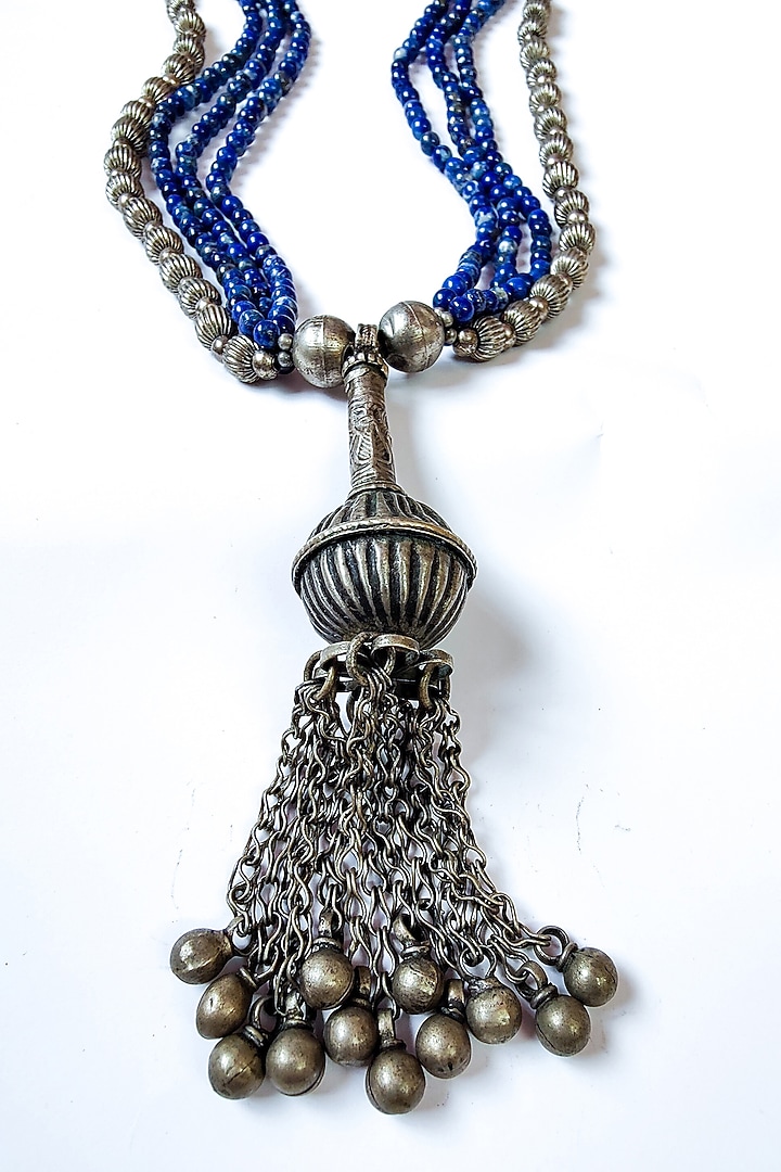 Two-Tone Finish Lapis Lazuli & Silver Ball Embellished Kuchi Pendant Necklace by creyonsbymansi at Pernia's Pop Up Shop