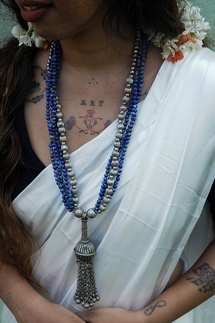 Two-Tone Finish Lapis Lazuli & Silver Ball Embellished Kuchi Pendant Necklace by creyonsbymansi at Pernia's Pop Up Shop