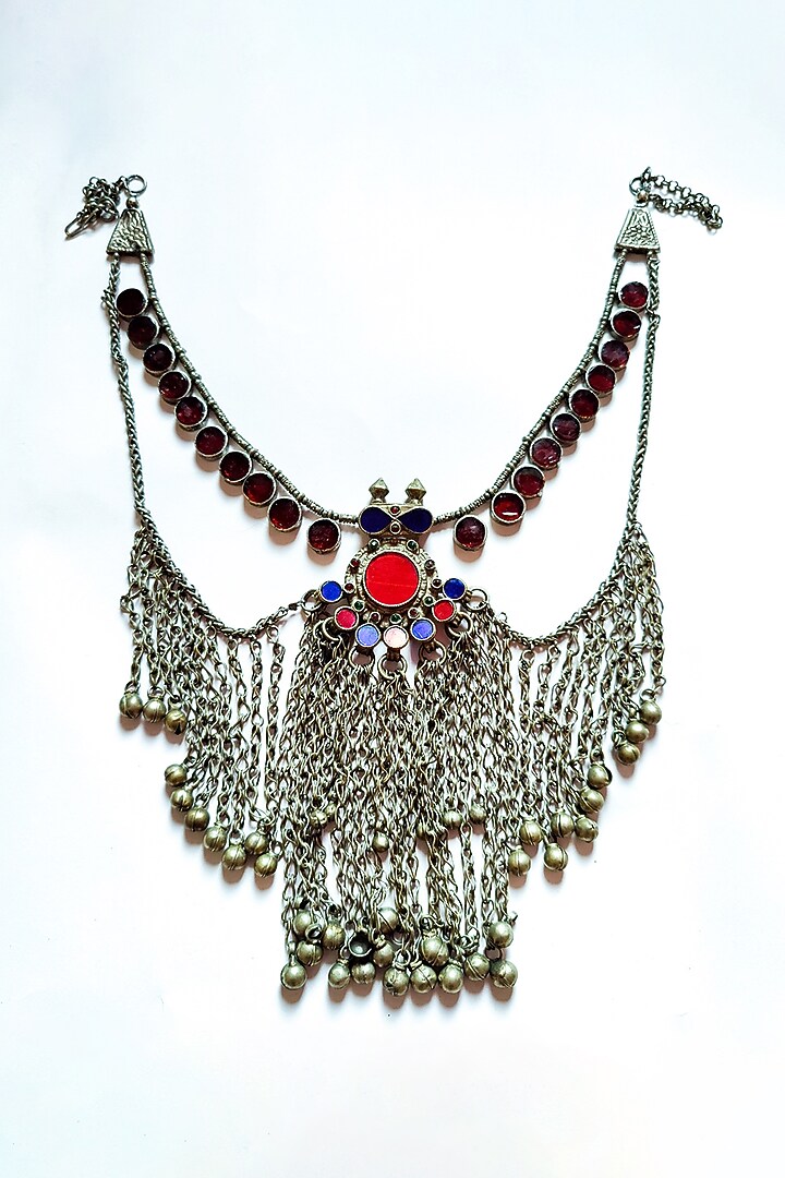 Two-Tone Finish Beaded Chain & Glass Embellished Kuchi Layered Necklace by creyonsbymansi at Pernia's Pop Up Shop