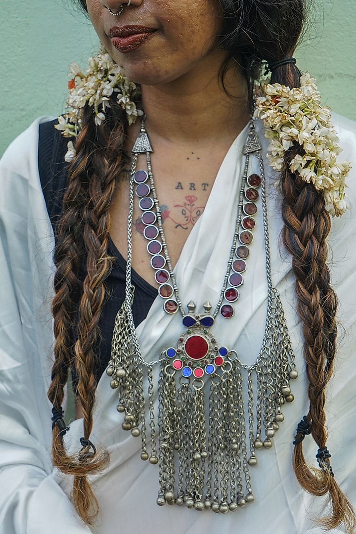 Two-Tone Finish Beaded Chain & Glass Embellished Kuchi Layered Necklace by creyonsbymansi at Pernia's Pop Up Shop